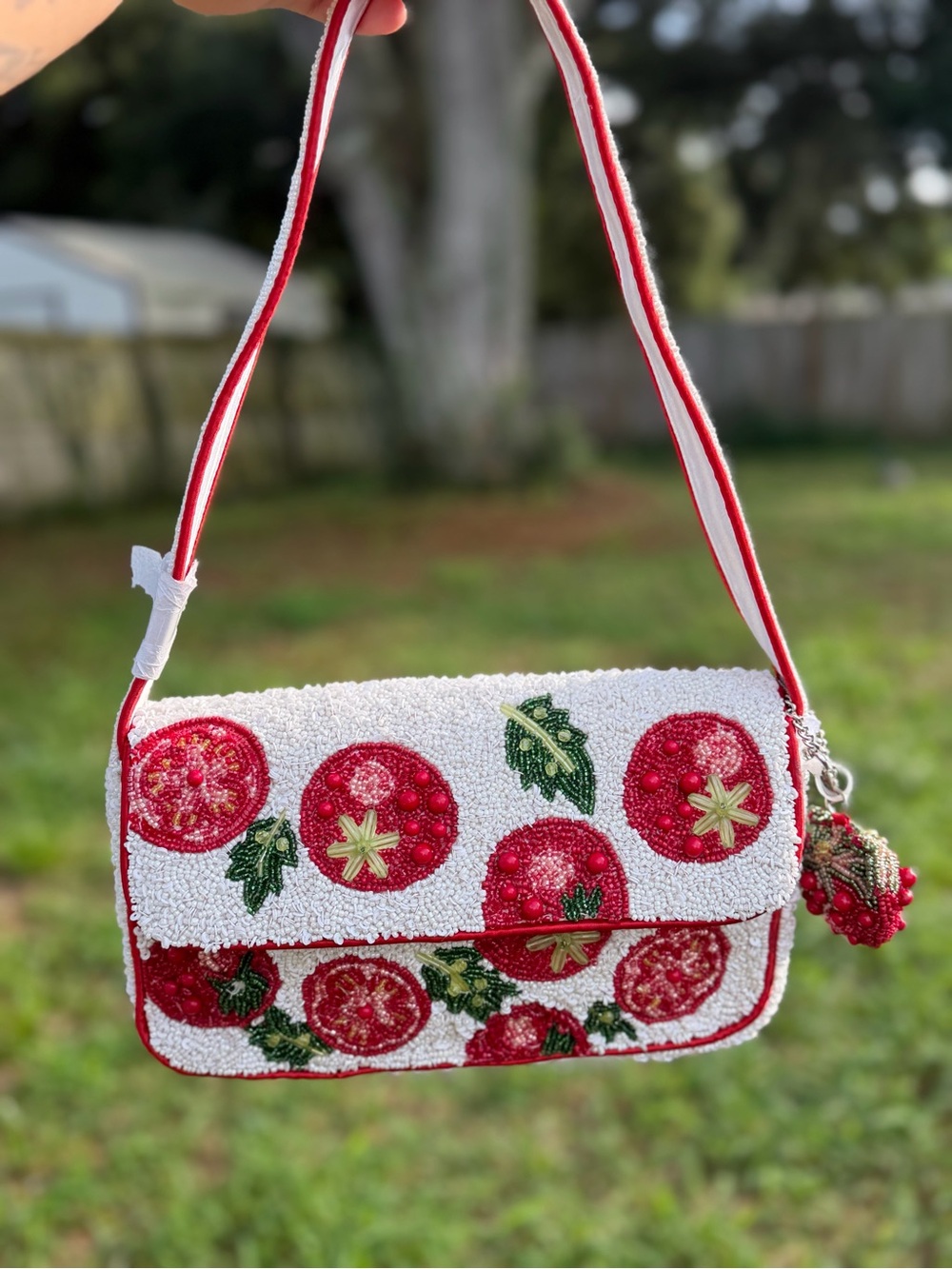Viral Beaded White and Red Tomato Motif Shoulder Bag - Picture 1 of 3
